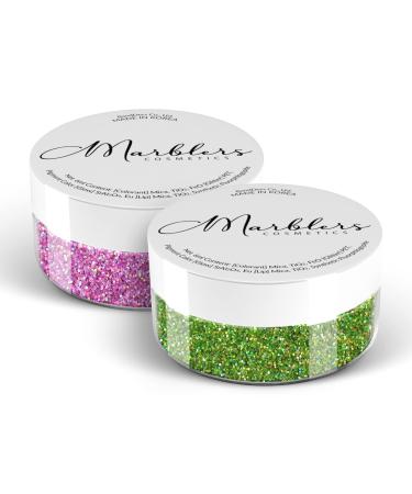 MARBLERS Cosmetic Grade Fine Glitter Duo Holo Green Apple & Bubblegum 0.36oz (10g) | Non-Toxic | Vegan | Cruelty-Free | Eyeshadow Nail Polish Nail Art | Festival Rave & Party Makeup | Body & Face Fine Glitter 10g Duo Holo Green & Pink