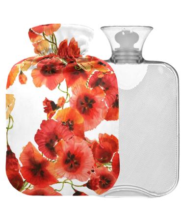 NAANLE heat bottle with cover watercolor poppy seed flowers transparent hot water bottle for back pain relief of hand feet heat and cold therapy 1 l