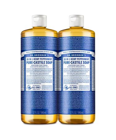 Dr. Bronners - Pure-Castile Liquid Soap (Peppermint, 32 ounce, 2-Pack) - Made with Organic Oils, 18-in-1 Uses: Face, Body, Hair, Laundry, Pets and Dishes, Concentrated, Vegan, Non-GMO Peppermint 32 Fl Oz (Pack of 2)