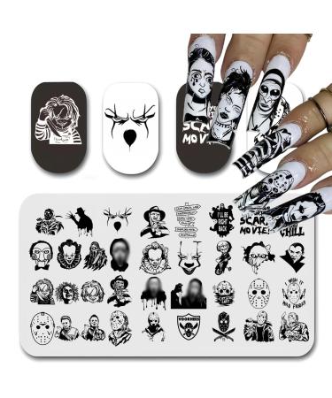 Halloween Nail Stamping Plate Nails Stamping Kit Halloween Large Scary Movie Characters Holiday Nail Stamping Plate Horror Scream Halloween Nail Stamper Kit for Women Girls DIY Salon