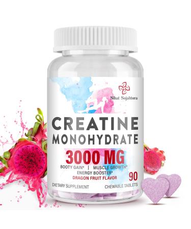 3000 MG Creatine Monohydrate for Women & Men Creatine Pills with BCAA & Hydrolyzed Collagen Creatine Chews Tablets for Performance & Recovery Strength Dragon Fruit Flavor 90 Tablets 90 Count (Pack of 1)