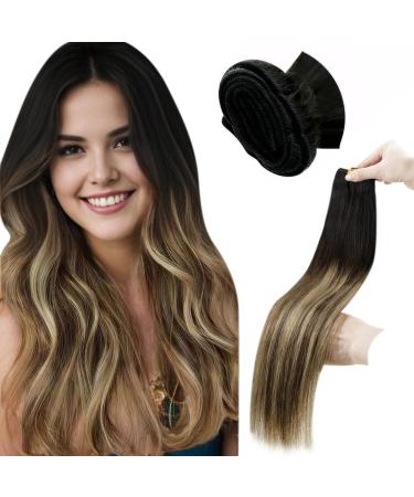 Laavoo 35cm real hair extensions to sew ombre brown saw in extensions hair extension balayage black dark brown extensions real hair smooth 80g #1b/4/27 35cm 1.32 #1b/4/27