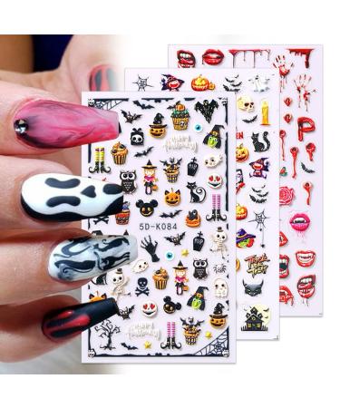 Halloween Nail Art Stickers Xcreando 5D Embossed Nail Decals Design with Skull Bones Ghost Witch Pumpkin Bat Lips Self-Adhesive Thick DIY 3D Nail Art Supplies for Halloween Days Party Cosplay Decorations 5 Sheets
