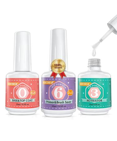 SOCORIA Dip Powder Liquid Set - 2 in 1 Base & Top Coat and Primer & Brush Saver with Activator Acrylic Dipping Powder System Set for Nail Art DIY Salon French Manicure, Fast Dry, No Nail Lamp Needed - Buy Online on GoSupps.com