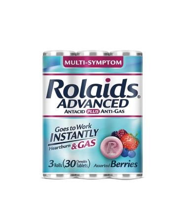 Rolaids Advanced Antacid Plus Anti-Gas 30 Chewable Tablets Assorted Berry Heartburn and Gas Relief 10 Count (Pack of 3)