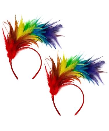 EUPSIIU 2 Pieces Rainbow Feather Headpieces Carnival Headdress Fascinators Hairbands Party Headgear Colorful Feather Headwear Pride Hair Accessories for Carnival Wedding Cosplay