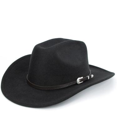 Classic Western Felt Cowboy Cowgirl Hat for Women Men Big Wide Brim Belt Buckle Panama Fedora (Size:7 1/8) Black(no Chin Strap)