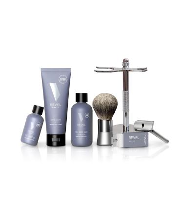 Shaving Kit for Men with Shaving Brush & Safety Razor Stand by Bevel - Starter Shave Kit, Includes Safety Razor, Shaving Brush, Shave Stand, Shave Cream, Pre Shave Oil, Balm and 20 Blades Shave Stand + Shave Kit