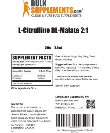 BulkSupplements L-Citrulline DL-Malate 2:1 - 250g | High-Purity Amino Acid Supplement - Buy Online on GoSupps.com