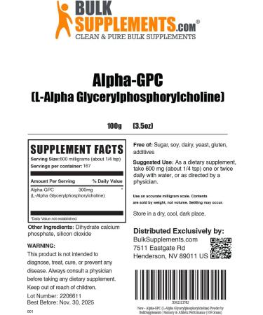 BulkSupplements Alpha GPC Powder - Memory & Brain Supplement - Choline Powder 100g - Buy Online on GoSupps.com