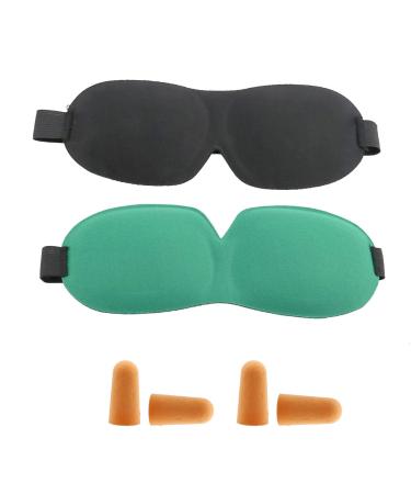SING F LTD 2pcs 3D Contoured Shape Black Green Polyester Sleep Mask Cover Sleeping Travel Flight Ear Plug Kit