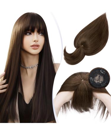 TESS Human Hair Toppers with Fringe Pony Clip in Hair Toppers for Thinning Hair Women Real Hair Mono Base Toupee Hair Topper for Women Human Hair 14 Inch #04 Medium Brown 14 Inch Medium Brown