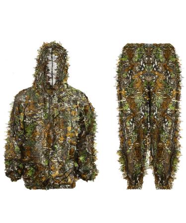 Ghillie Suit Adult 3D Leafy Hooded Camouflage Clothing Outdoor Woodland Hunting Suit Sniper Costume Camo Outfit for Jungle Hunting, Military Game, Wildlife Photography, Halloween Height 5.9-6.1 ft