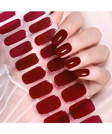 Semi Cured Gel Nails Strips 20 Stickers Nail Wraps Soft Self-Adhesive Gel Nail Stickers Salon-Quality Gel Nail Strips for Nails French Tip Manicure UV/LED Lamp Required (08-Wine Red)
