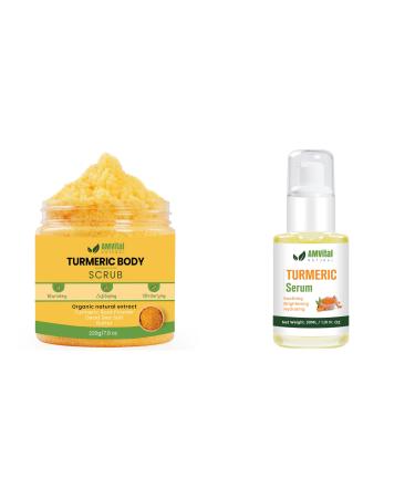 AMVital Turmeric Skincare Bundle: Turmeric Body Scrub (220g) & Turmeric Face Serum (30ml) - Natural Exfoliating and Hydrating Skincare Set