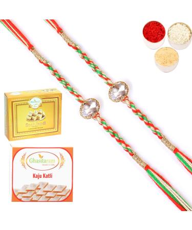 Ghasitaram Gifts Rakhi for Brother Rakhis Online - Set of 2-6377 Fancy Thread Rakhi with 200 GMS of Kaju katli and 200 GMS of Soan Papdi