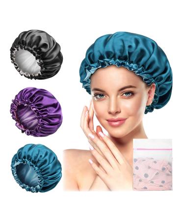 EpoBob Satin Bonnet Silk Bonnet for Sleeping  3 Pcs Elastic Band Adjustable Size and Double-Sided Design Reversible Satin Hair Bonnet for Curly Hair Long Hair Black Purple Blue 01 Black Purple Blue