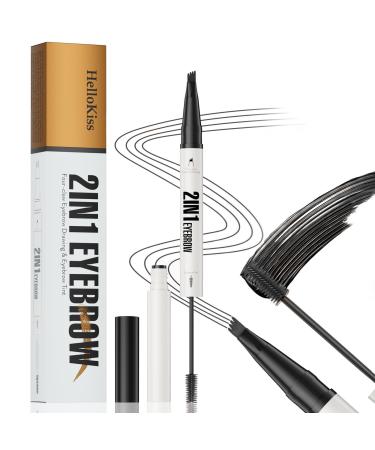 ZukqrymluvIQ 2-in-1 3D Waterproof Liquid Eyebrow Pencil - Double Ended Microblading 4 Tips and Precise Eyeliner - Natural Hair-by-Hair Brow Effect Long-Lasting Waterproof (Black)
