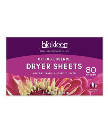 Biokleen Laundry Dryer Sheets, Fabric Softener, Eco-Friendly, Non-Toxic, Plant-Based, No Artificial Fragrance, Colors or Preservatives, Citrus Essence, 80 Sheets Citrus Essence 80 Count (Pack of 1)