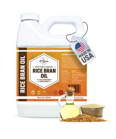 ORGANIC RICE BRAN OIL (16 oz) Premium Cold Pressed Unrefined | 100% Pure Rice Bran Oil for Skin Face Hair Soap Making | Carrier for Essential Oils | Available in Bulk | 16 FL OZ