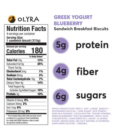 OLYRA Organic Blueberry Breakfast Sandwiches | Low-Sugar, High-Fiber Protein Snack | 1 Box of 4 Individually Wrapped Biscuits - Buy Online on GoSupps.com
