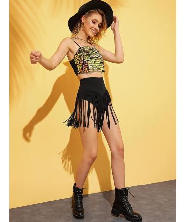 Verdusa Women's Black Fringe Tassel High Waisted Shorts - Medium Size - Buy Online on GoSupps.com