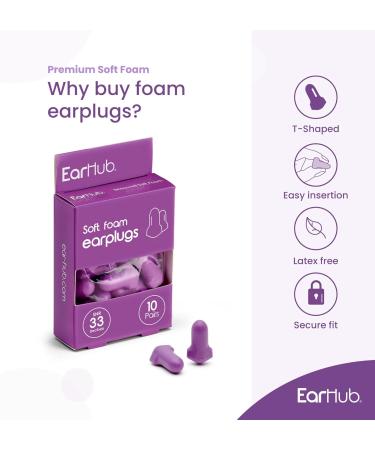 EarHub Sleepwell Soft Foam Earplugs 33dB Hearing Protection - 10 Pairs for Sleep, Travel, Work & Concerts - Purple - Buy Online on GoSupps.com