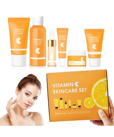 6 Pcs -Vitamin C Skincare Set for Face - with Cleanser Serum Eye Cream Moisturizer Sunscreen & Toner | Brightening Hydrating& Anti-Aging Perfect for Teens & Girls Moisturizing Face Skin Care Kit