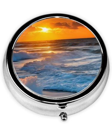 Beach Sunset Round Pill Box | 3 Compartment Portable Travel Medicine Organizer | Mini Decorative Vitamin Holder - Buy Online on GoSupps.com