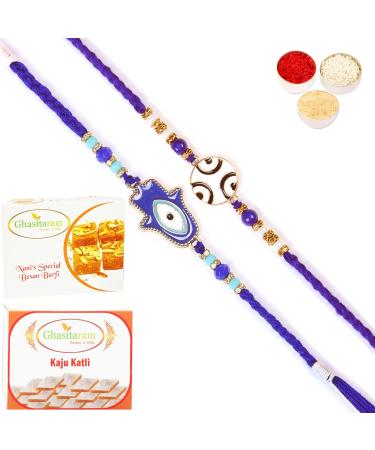 Ghasitaram Gifts Rakhi for Brother Rakhis Online - Set of 2 8928 8931 Fancy Evil Eye Rakhis with 200 GMS of Besan Barfi and 200 GMS of Kaju Katli