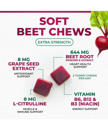Beet Chews - Vegan Soft Beetroot Chewables with Grape Seed Extract for Heart Health & Energy - Antioxidant-Rich Berry Flavor | 60 Count - Buy Online on GoSupps.com