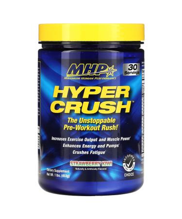 Maximum Human Performance Hyper Crush Pre Workout Powder Increases Energy Muscle Pumps Power Fights Fatigue creatine beta Alanine Nitric Oxide citrulline AKG Strawberry Kiwi 30 Servings