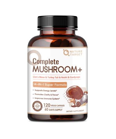 NATURE TARGET Mushroom Supplement, Mushroom Complex with Lion's Mane, Turkey Tail, Reishi, Cordyceps, Shiitake, 14-in-1 Mushrooms for Memory and Focus, 120 Capsules 120 Count (Pack of 1)