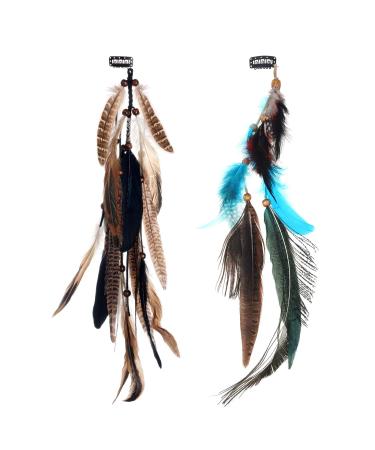 MWOOT 2Pcs Feather Hair Clip-in Extensions for Women Halloween Cosplay Costume Carnival Party Headdress  Handmade Bohemian Hippie Hair Clip Comb  Mixed Peacock Pheasant Tails Feather Clips Black Brown