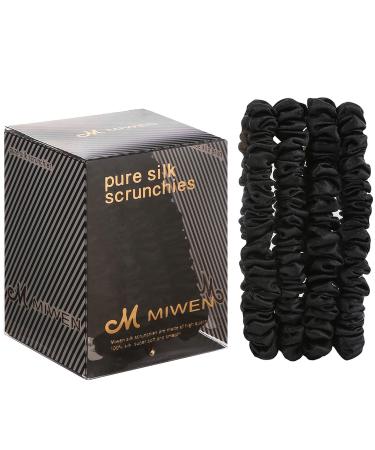 Miwen Silk Scrunchies for Women Small Black Pure Mulberry Silk Hair Ties 22 Momme Soft & Shiny Less Pulling Breakage for Ponytail and Hair Sleep (Pack of 4) Small (Pack of 4) Black