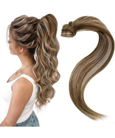 Easyouth Ponytail Hair Extensions Highlight Brown Ponytail Human Hair Medium Brown Mixed Honey Blonde Wrap Around Hair Extensions Pony Tail 16 Inch 80g 40 cm/16" 4-Pony #3P27(#4P27)