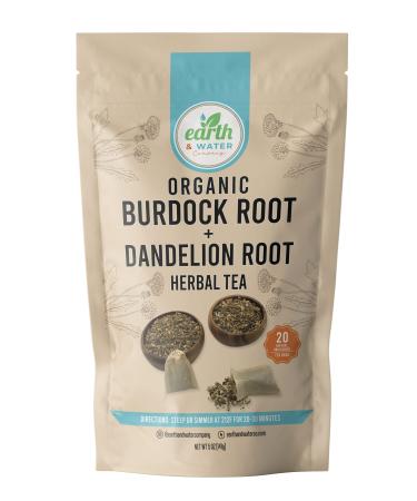 Earth & Water Company: Burdock Root + Dandelion Root  Cut & Sifted  Dried  Certified Organic  Kosher | 20 Natural  Unbleached Tea Bags
