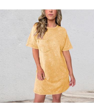 Bijerou Summer Dresses for Women 2024 | Solid Crewneck Short Sleeve T-Shirt Dress | Loose Beach Vacation Mini Dress in Checkered Yellow - Shop Now! - Buy Online on GoSupps.com