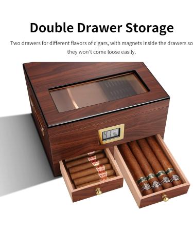 CIGARLOONG Cigar Humidor 35-50 Count Glass Top Large Capacity Cigar Box with Front Hygrometer Humidifier and Accessory Drawer(Brown) - Buy Online on GoSupps.com