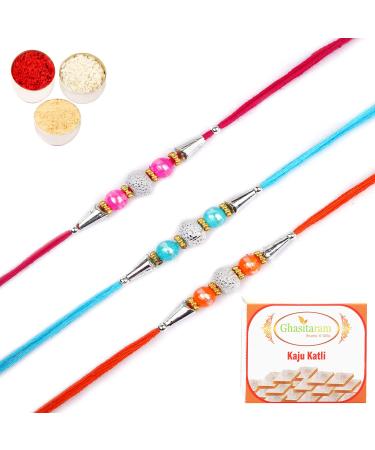 Ghasitaram Gifts Rakhi for Brother Rakhis Online - Set of 3-6194 Rakhis with 200 GMS of Kaju katli