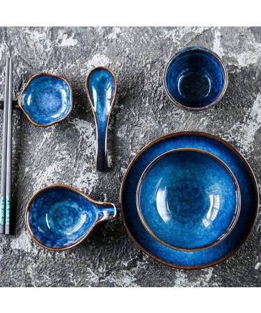 Vintage Blue Ceramic Suit Creative Salad Plate Snack Dip Bowl Fruit Bowl Soup Spoon Afternoon Tea Breakfast Tableware Kitchenware - Buy Online on GoSupps.com