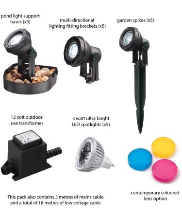 Blagdon Ultra Bright 3 Watt LED Pond and Garden Lights - Fully Submersible Waterproof (5 Lights) - Includes Transformer, Cables, and Fixings - Black - Buy Online on GoSupps.com