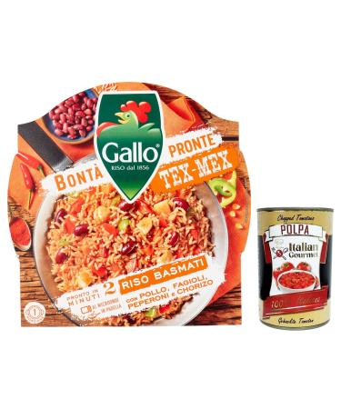 Italian Gourmet E.R. Gallo Bont Pronte Tex-Mex Riso Basmati pre-cooked preparation with brown basmati rice peppers beans chicken and chorizo 220 g + Italian Gourmet Polpa di Pomodoro 400 g