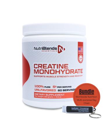 Worldwide Nutrition Bundle: NutriBlends Creatine Monohydrate Powder 100% Pure - Unflavored Vegan Keto Friendly - 300 Grams Optimum Micronized Creatine Powder and Multi-Purpose Key Chain