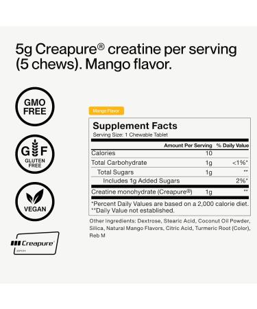Momentous Creatine Chews - Creapure Creatine Monohydrate - Supports Strength, Lean Muscle, & Recovery for Men & Women - NSF Certified for Sport - 150 Chewable Tablets - Mango - Buy Online on GoSupps.com