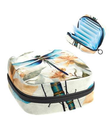 Anna Cowper Watercolor Dragonfly Flowers Sanitary Napkin Storage Bag Feminine Menstrual Cup Pouches Nursing Pad Holder Tampon Bags Portable Period Bag for Women Teen Girls 1Pcs Multi-colored 18
