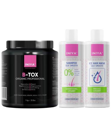 B-Tox Professional Hair Formaldehyde Free 1kg | Hyaluronic Acid, Keratin, Argan, Coconut | B-Tox Organic Iniya Professional Smoothing & Mirror Effect | Sulfate Free Repair Shampoo & Treatment Kit