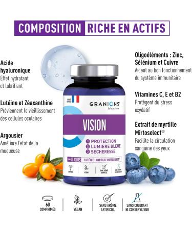 Vision GRANIONS | Eye Supplement | Mirtoselect + Lutein + Zeaxanthin + Vitamins | Eye tension sight dry and tired eyes | Made in France | Size 1 Month - Buy Online on GoSupps.com