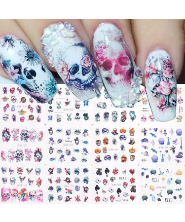 Skull Nail Stickers Halloween Nail Water Decals Nail Supplies Foil Transfer Vampire Skulls Head Devil Designer Nail Art Stickers for Women Acrylic Nails Supply Day of The Dead Manicure Decoration12pcs Design 4