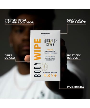 Hustle Clean 9''x8'' Disposable Body Wipes for Adults - Aloe Vera & Vitamin E - Fresh Scent - 10 Individually Wrapped Wipes - Buy Online on GoSupps.com